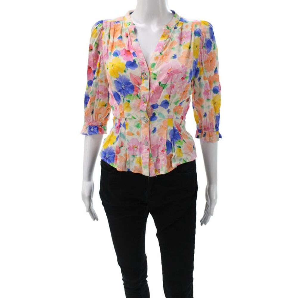 Zara Womens Multicolor Viscose V-Neck 3/4 Sleeve Basic Blouse Size XS